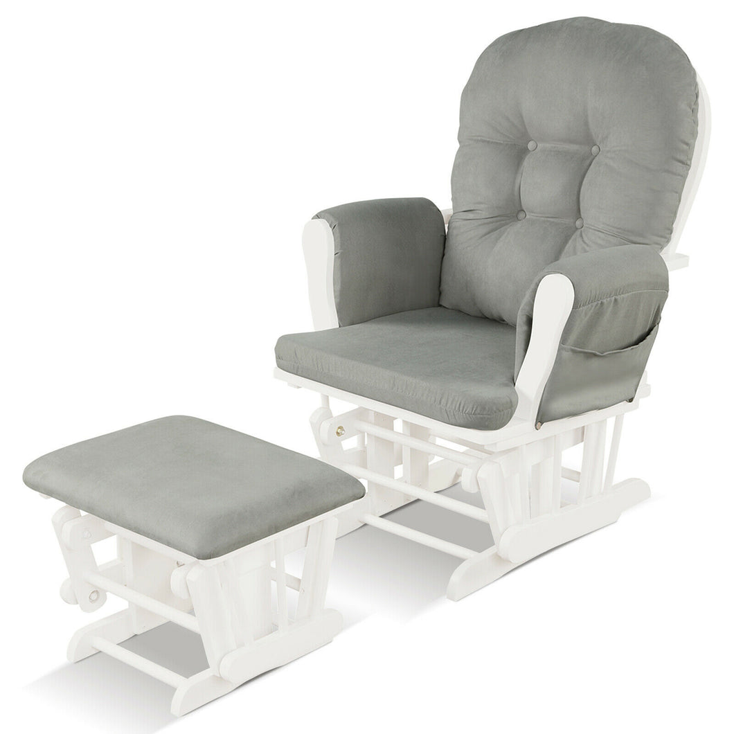 Gymax Wood Glider & Ottoman Cushion Set Baby Nursery Rocking Chair Light Grey