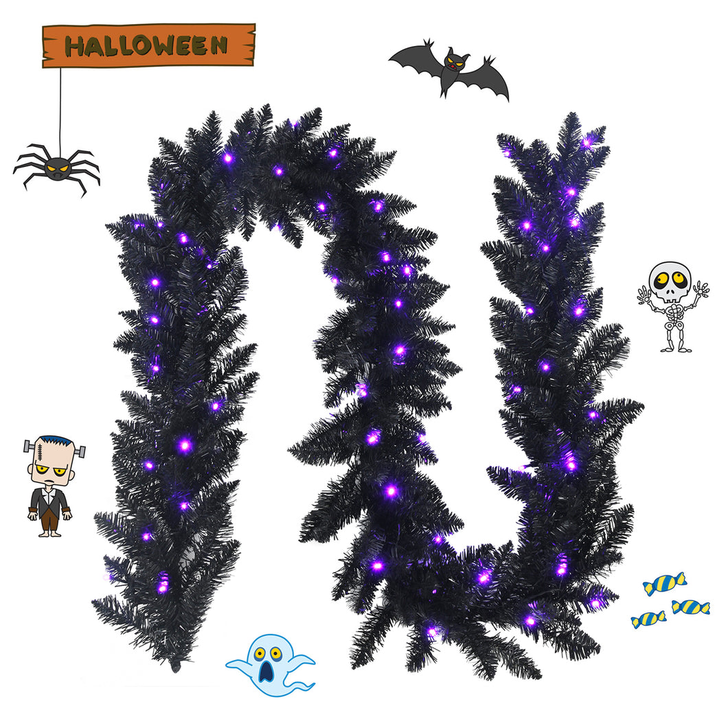 Gymax 9FT Pre-lit Black Halloween Garland Christmas Rattan w/ LED Lights & Timer