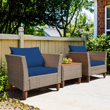 Load image into Gallery viewer, Gymax 3PCS Rattan Patio Conversation Furniture Set w Wooden Feet Navy Cushions
