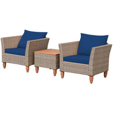 Load image into Gallery viewer, Gymax 3PCS Rattan Patio Conversation Furniture Set w Wooden Feet Navy Cushions
