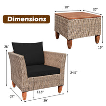 Load image into Gallery viewer, Gymax 3PCS Rattan Patio Conversation Furniture Set w Wooden Feet Black Cushions
