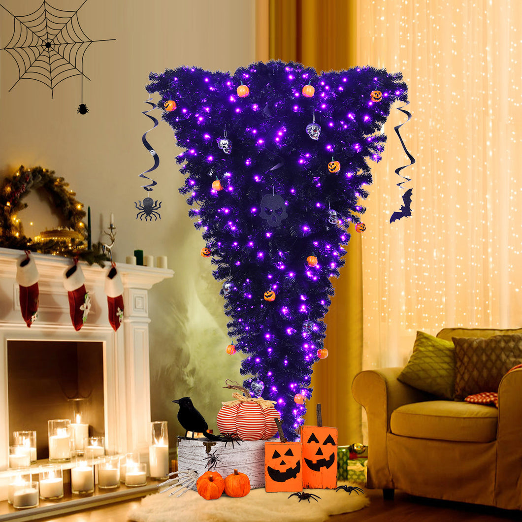 Gymax 6FT Pre-lit Upside Down Black Halloween Tree Artificial Christmas Tree