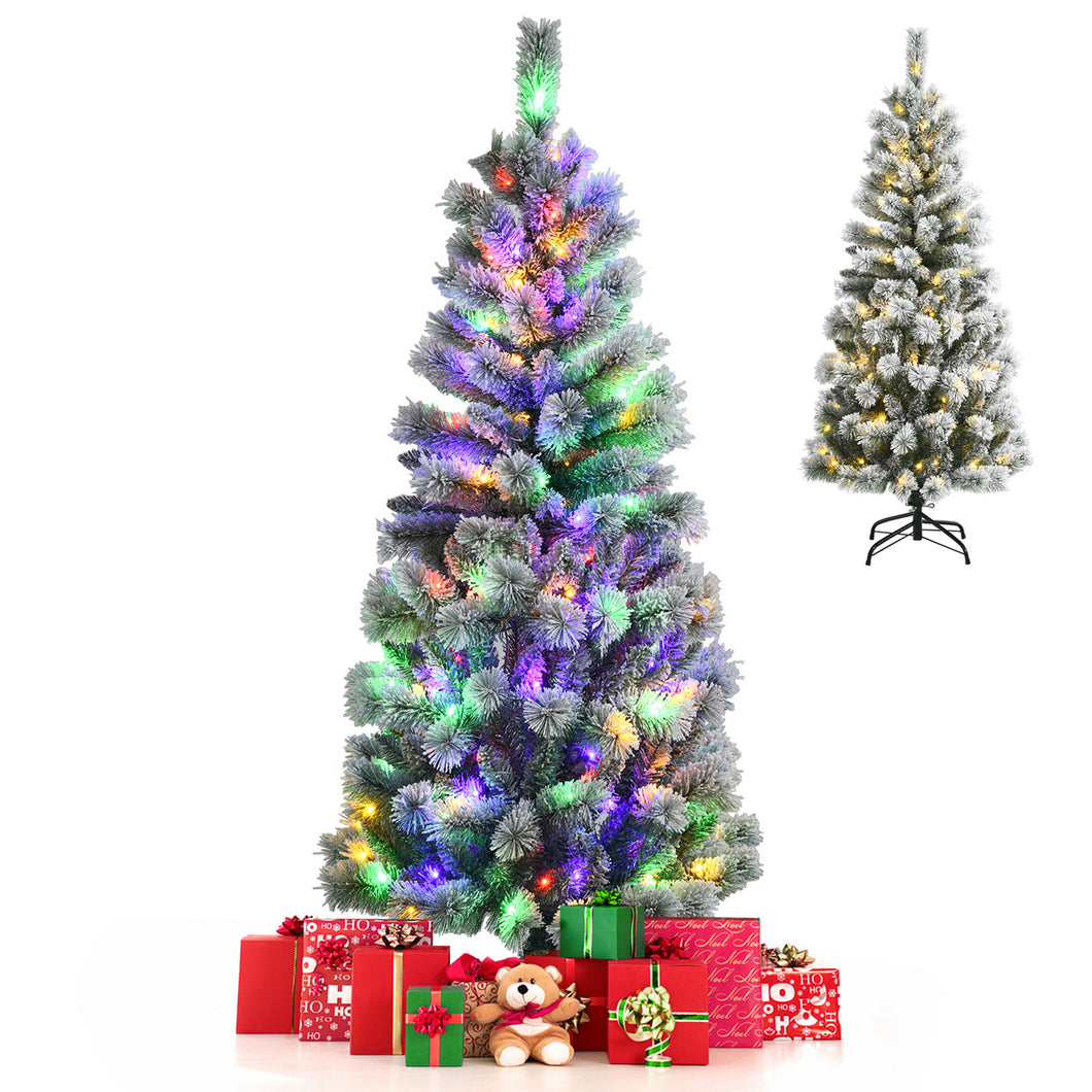 Gymax 5/6/7.5/8 ft Pre-lit Snow Flocked Artificial Christmas Tree w/ Multi-Color LED Lights