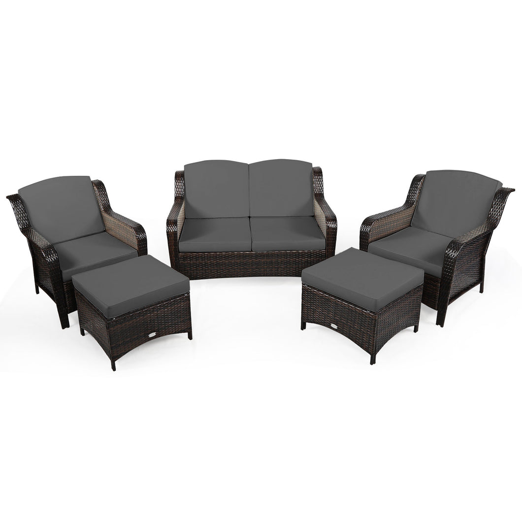 Gymax 5PCS Rattan Patio Conversation Sofa Furniture Set Outdoor w/ Grey Cushions