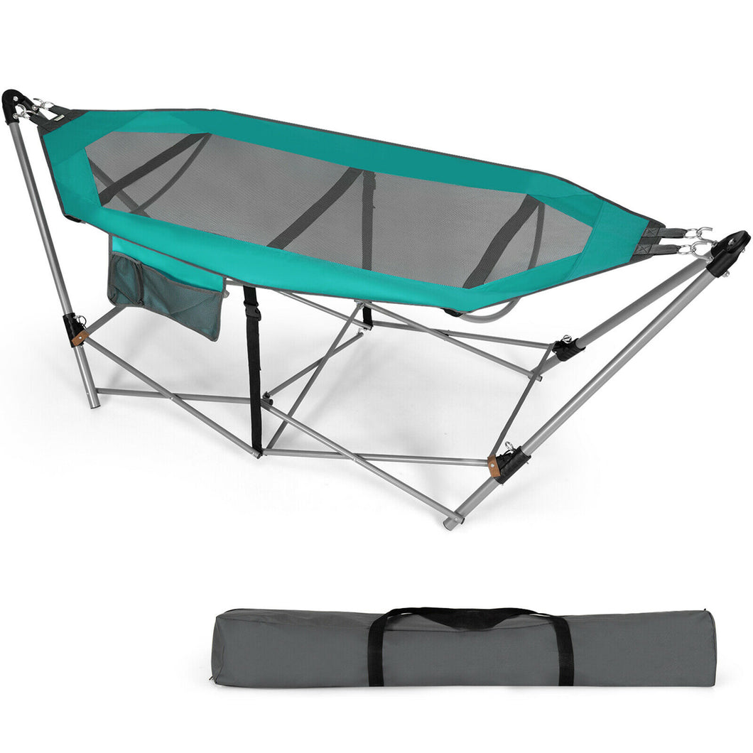 Gymax Folding Hammock Indoor & Outdoor Hammock with Side Pocket & Iron Stand Turquoise