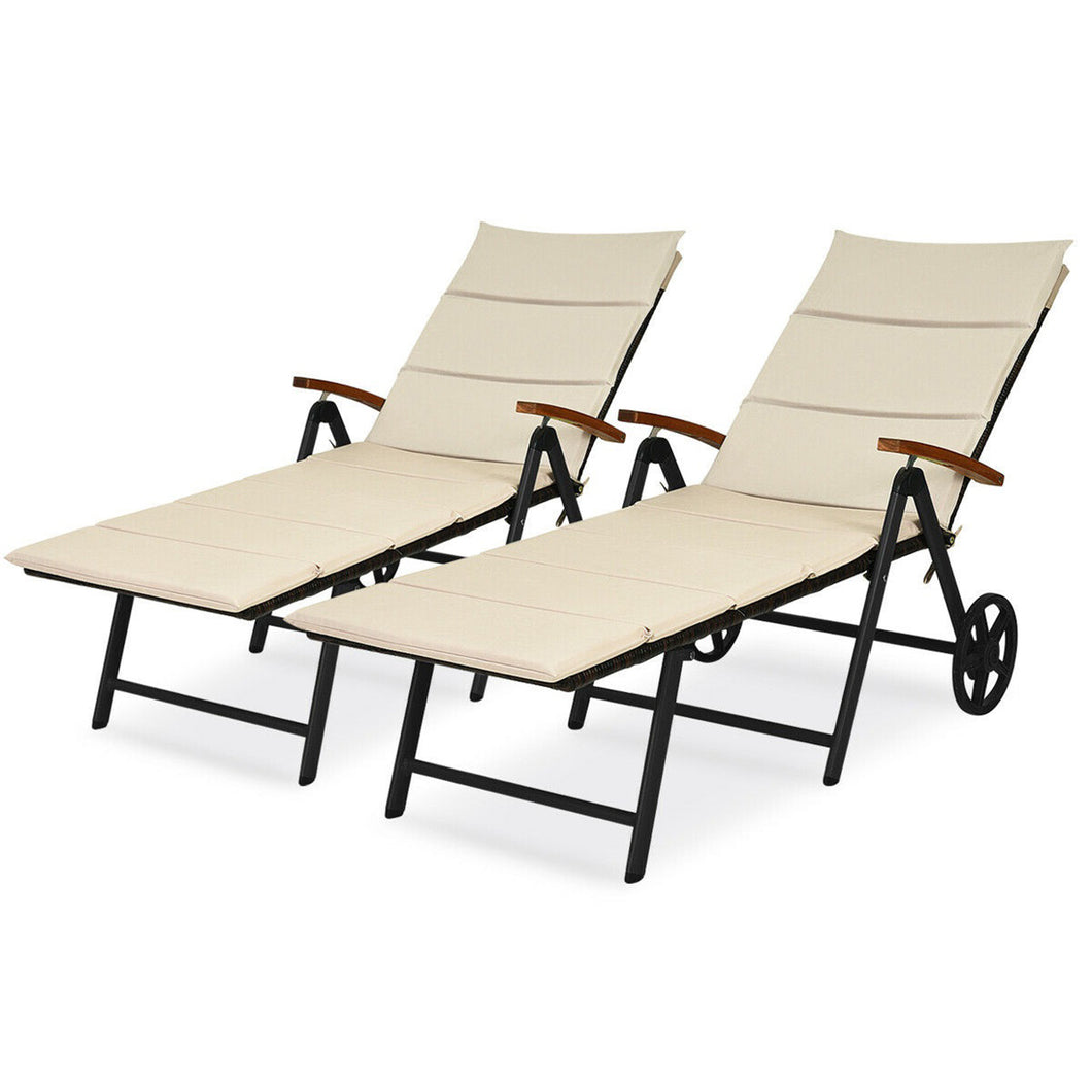 Gymax 2PCS Folding Patio Rattan Lounge Chair Chaise Aluminum W/ Cushion & Wheel