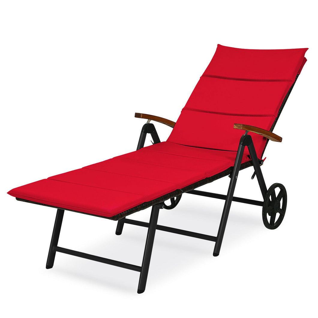 Gymax Folding Patio Rattan Lounge Chair Chaise Aluminum W/ Wheel & Red Cushion