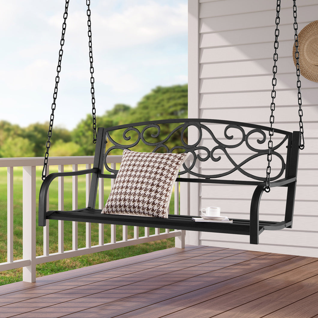 Gymax Patio Hanging Porch Swing Outdoor 2-Person Metal Swing Bench Chair w/ Chains Black
