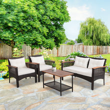Load image into Gallery viewer, Gymax 4PCS Rattan Patio Furniture Set Acacia Wood Outdoor Conversation Set w/ Cushions
