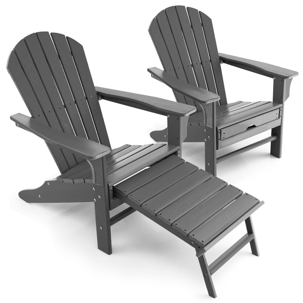 Gymax Set of 2 Patio Adirondack Chair HDPE Outdoor Lounge Chair w/ Retractable Ottoman Grey