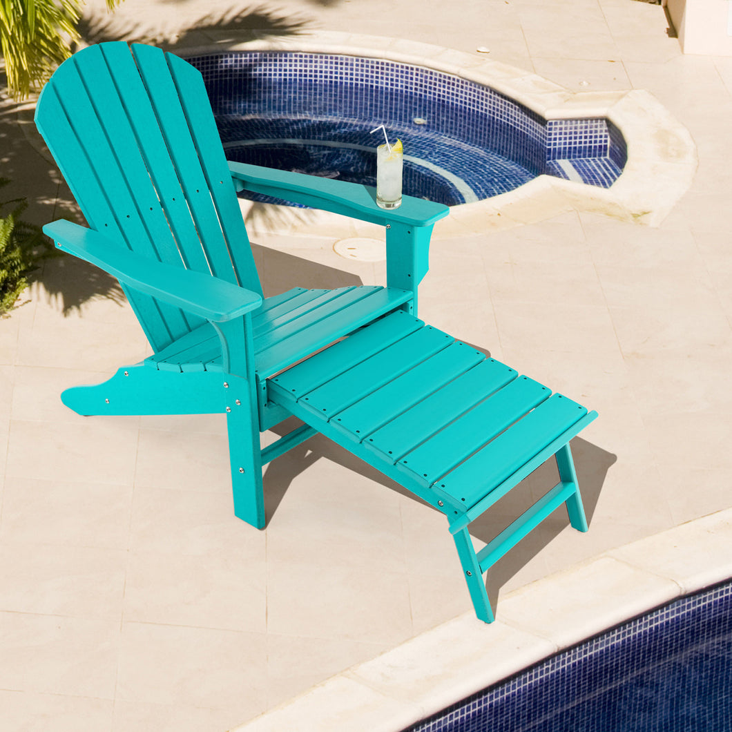 Gymax Patio Adirondack Chair HDPE Outdoor Lounge Chair w/ Retractable Ottoman Turquoise