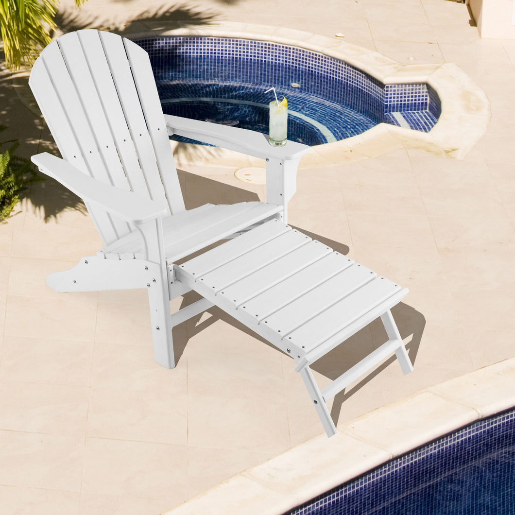 Gymax Patio Adirondack Chair HDPE Outdoor Lounge Chair w/ Retractable Ottoman White