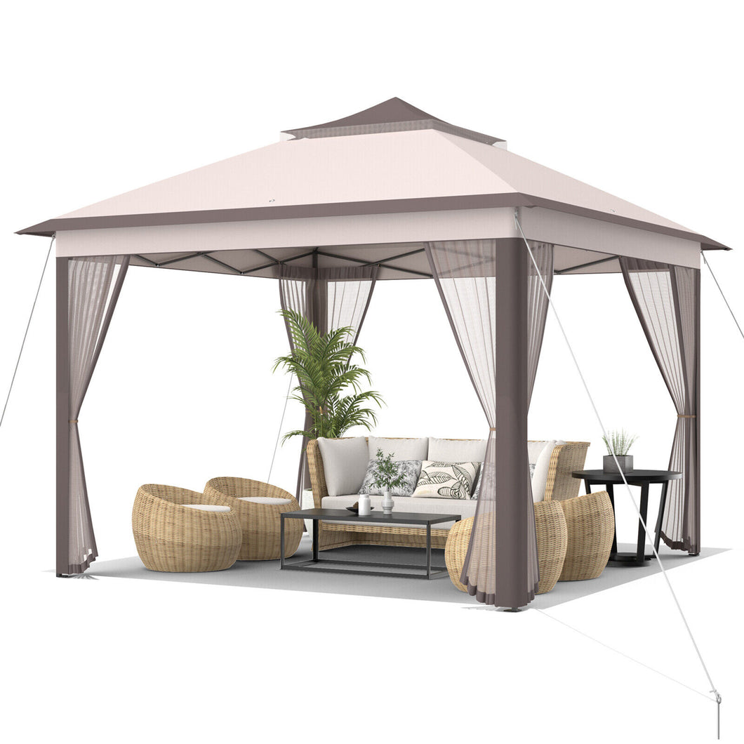 Gymax 11 x 11 ft Pop up Gazebo 2 Tier Patio Canopy Tent Shelter w/ Carrying Bag Beige