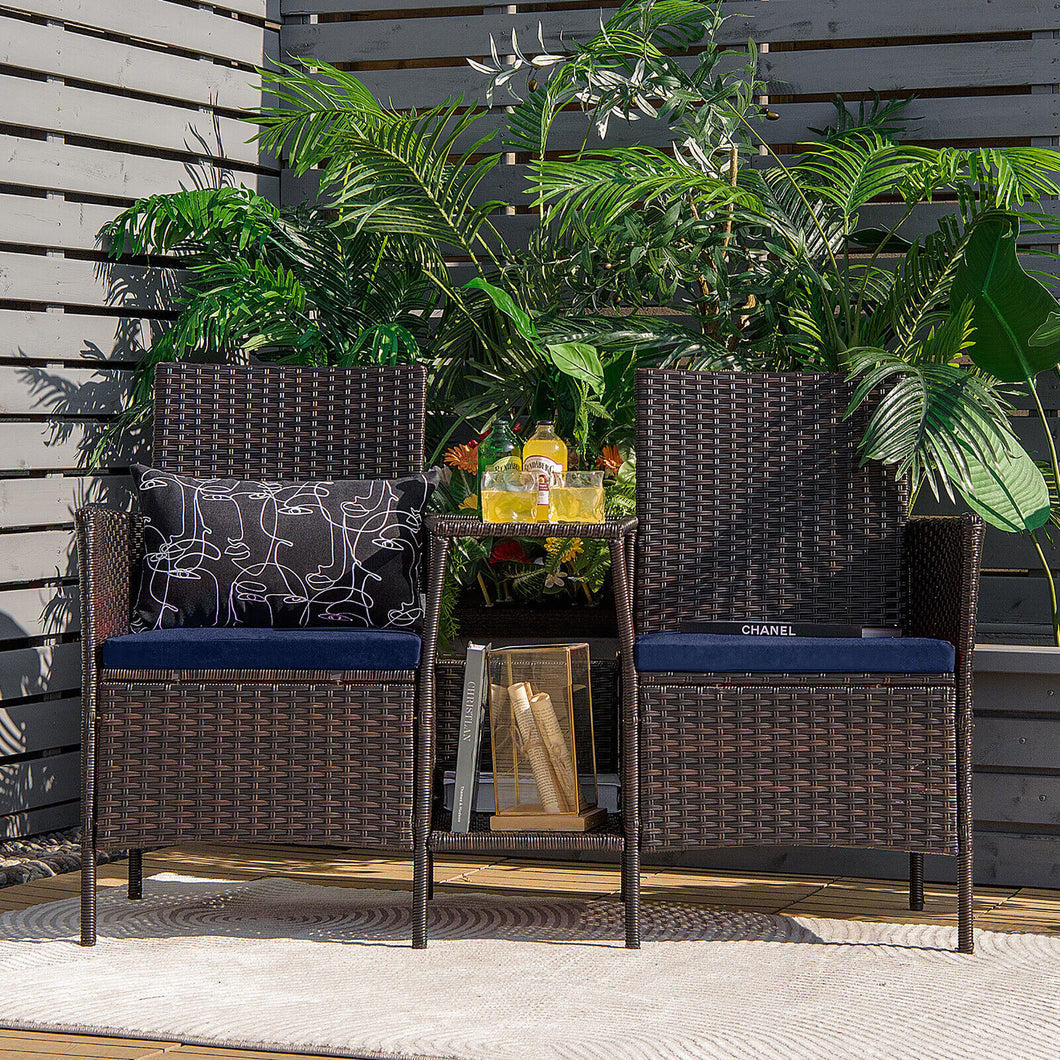 Gymax Patio Rattan Conversation Furniture Set w/ Loveseat Glass Coffee Table & Cushions Navy