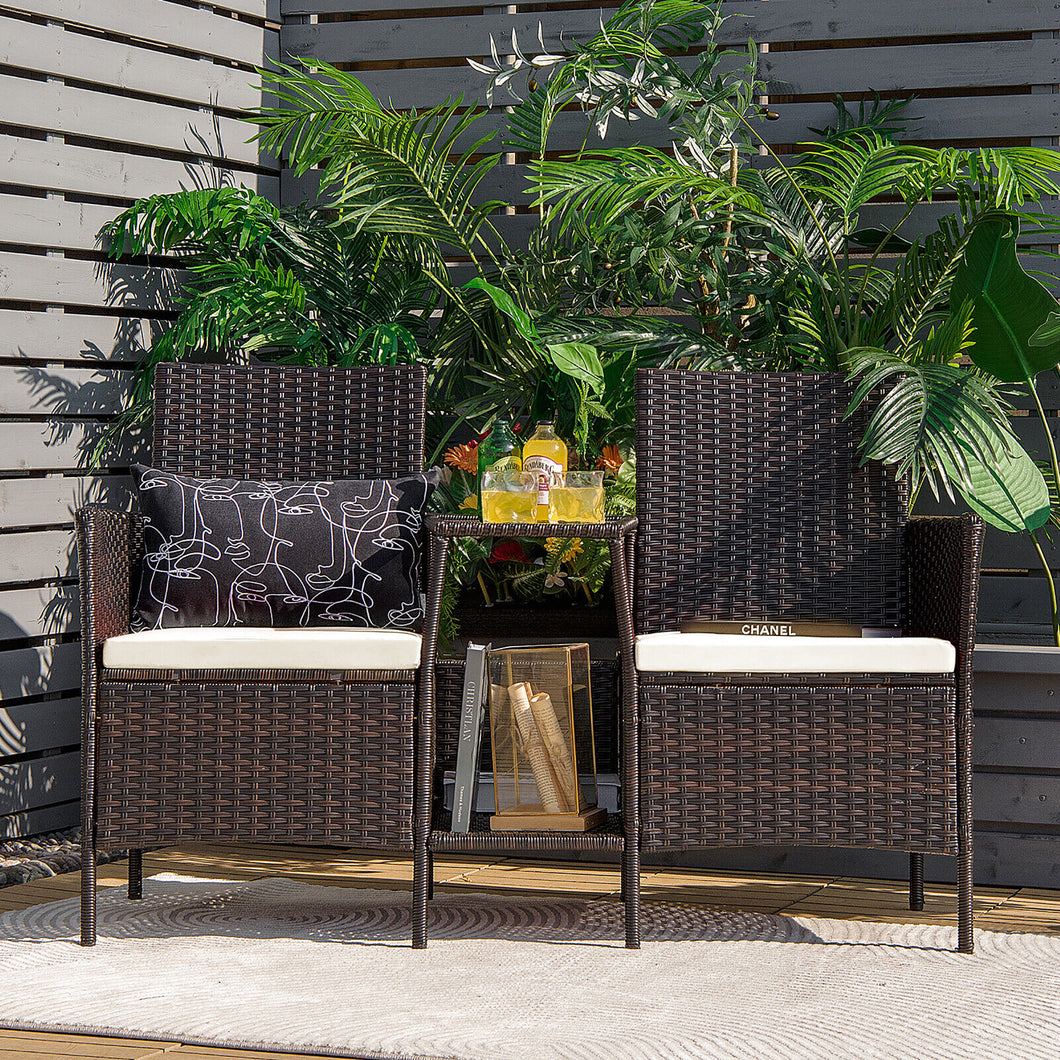 Gymax Patio Rattan Conversation Furniture Set w/ Loveseat Glass Coffee Table & Cushions Off White