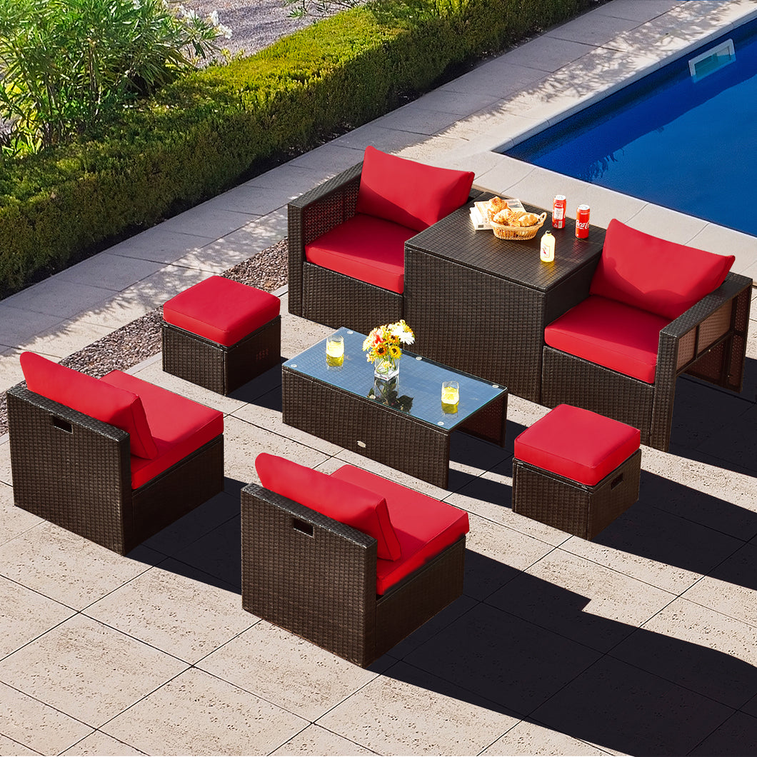 Gymax 8PCS Patio Rattan PE Wicker Conversation Set All Weather Furniture Set w/ Cushions Red
