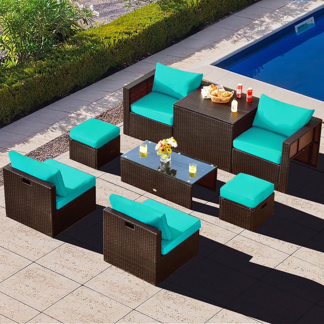 Gymax 8PCS Patio Rattan PE Wicker Conversation Set All Weather Furniture Set w/ Cushions Turquoise