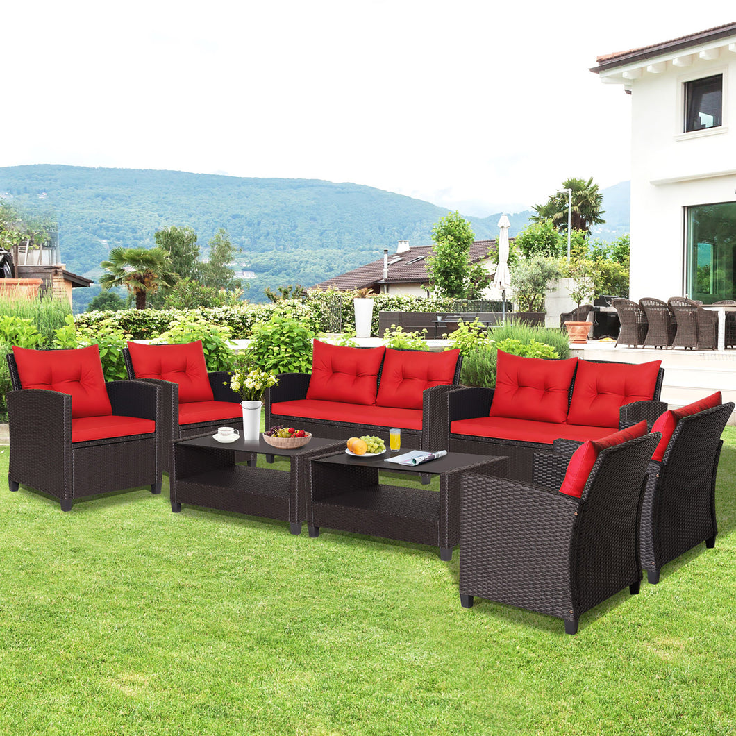 Gymax 8PCS Outdoor Conversation Set Patio PE Rattan Set w/ Glass Table & Sofa Cushions Red