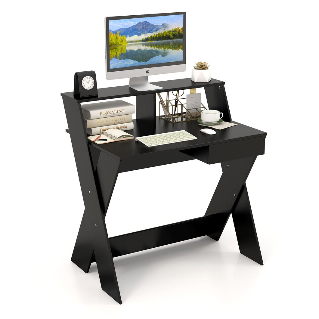 Gymax Computer Desk Study Writing Table Small Space w/ Drawer & Monitor Stand Black