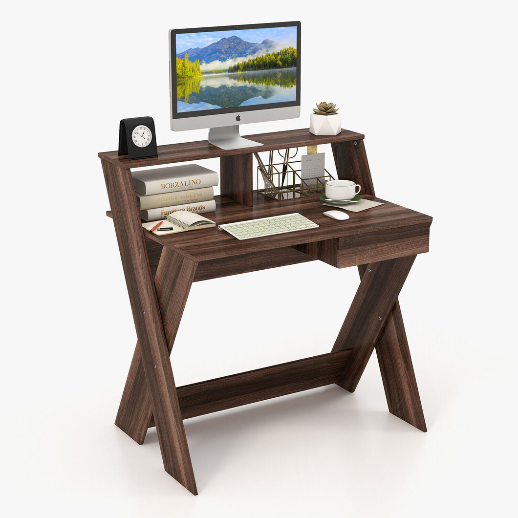 Gymax Computer Desk Study Writing Table Small Space w/ Drawer & Monitor Stand Walnut