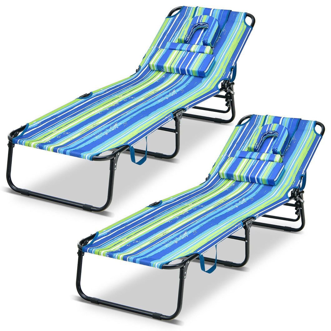 Gymax 2PCS 5 Position Lounge Chair Adjustable Beach Chaise w/ Face Cavity & Pillows Blue & Green