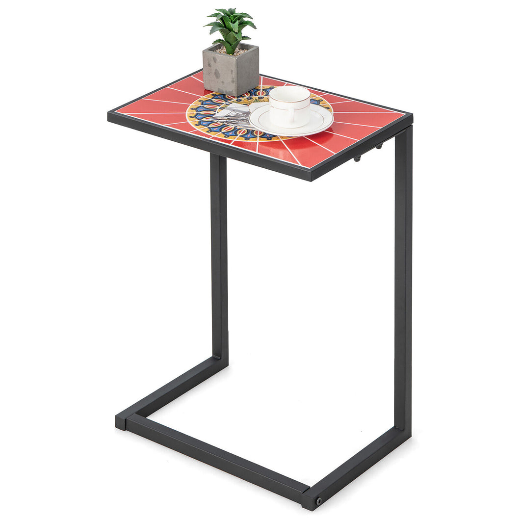 Gymax C shaped Outdoor Side End Table w/ Ceramic Top for Patio Living Room Balcony