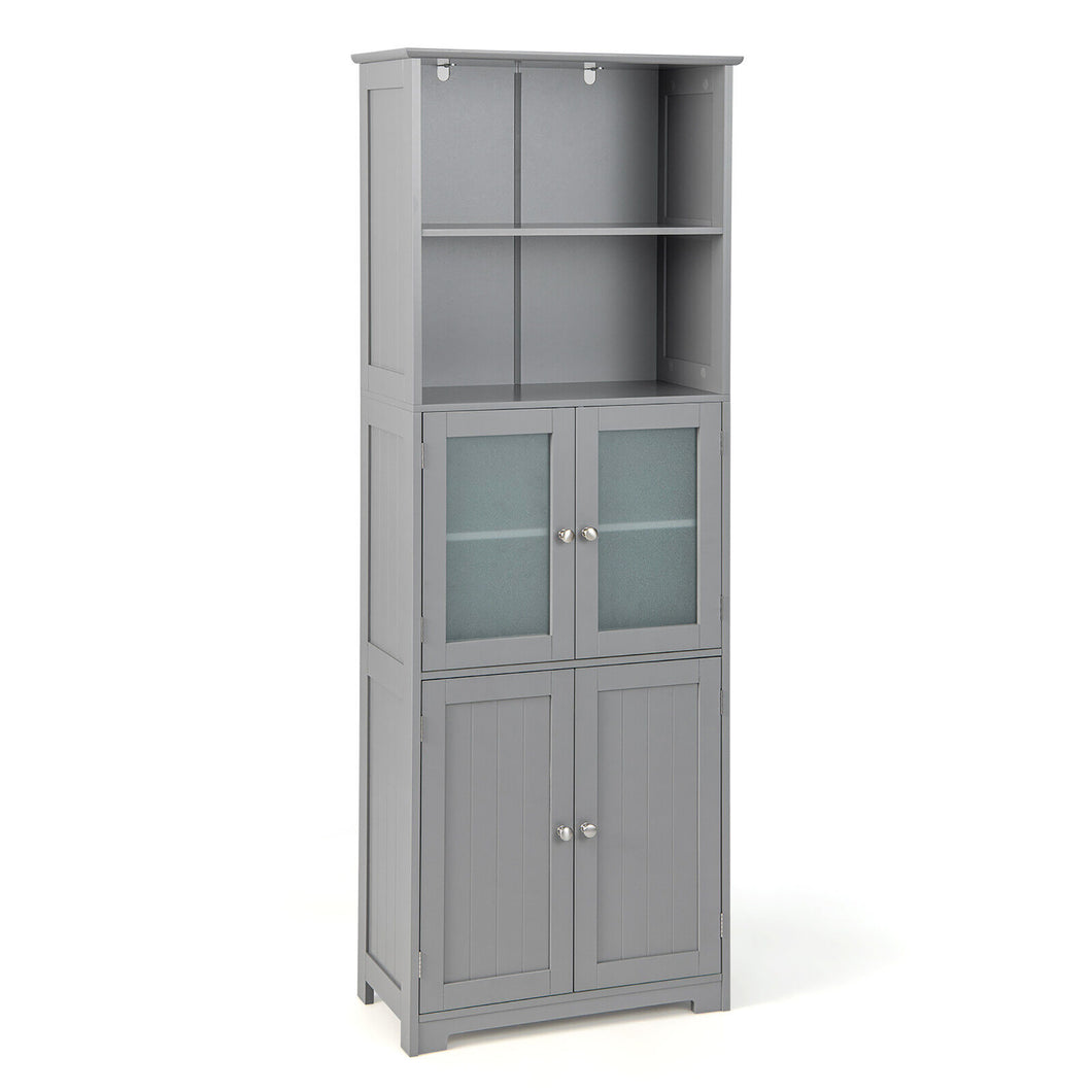 Gymax Bathroom Tall Storage Cabinet Linen Tower w/ Glass Door & Adjustable Shelf Grey