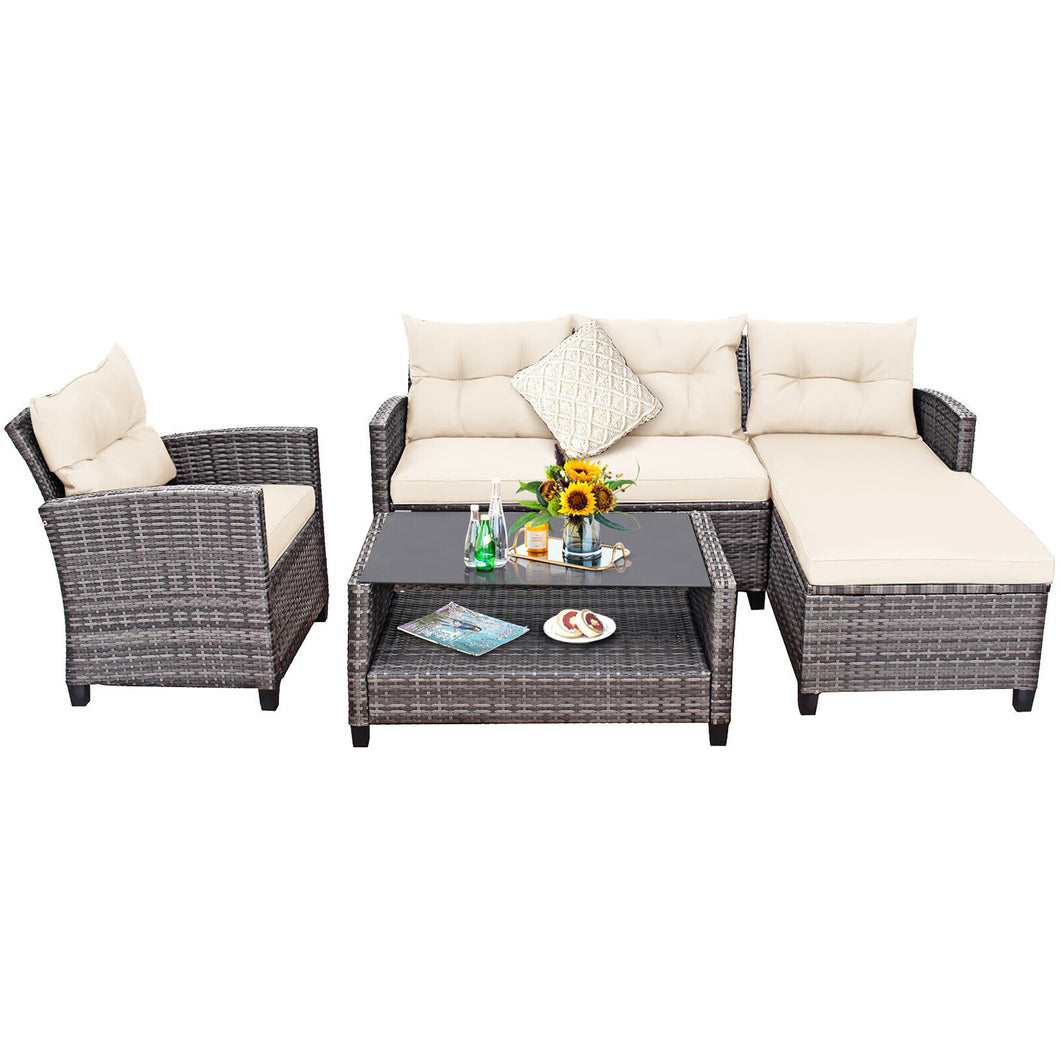 Gymax 4PCS Rattan Patio Conversation Furniture Set Outdoor Sectional Sofa Set White