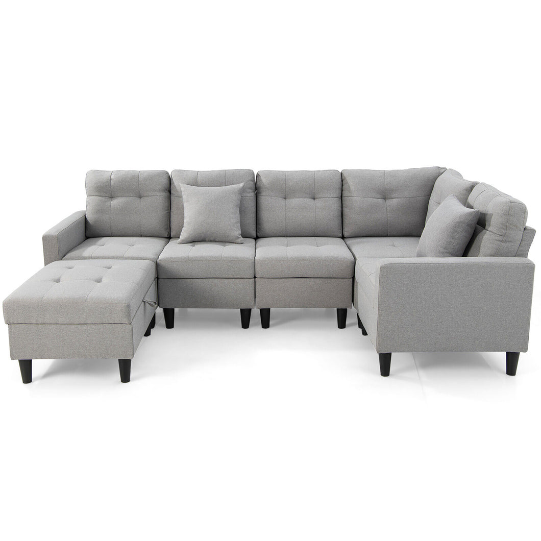Gymax L shaped Sectional Corner Sofa Set Living Room Furniture w/ Storage Ottoman Grey