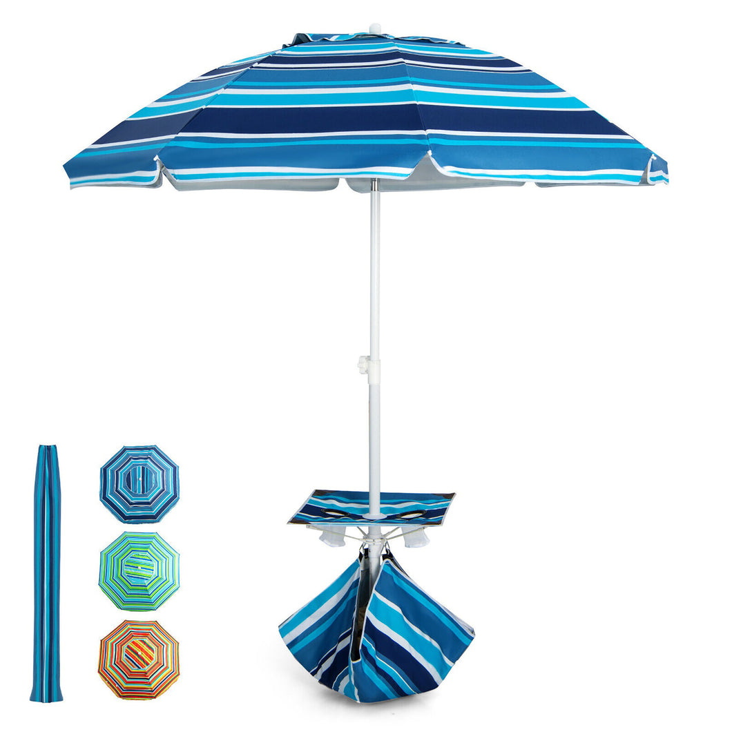 Gymax 6.5 FT Patio Portable Beach Adjustable Umbrella w/ Folding Table & Sandbag Blue