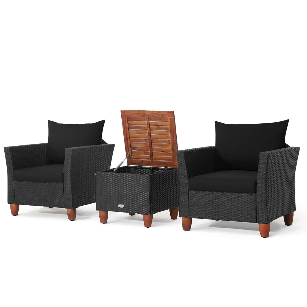 Gymax 3PCS Patio Rattan Conversation Set Outdoor Furniture Set w/ Black Cushions