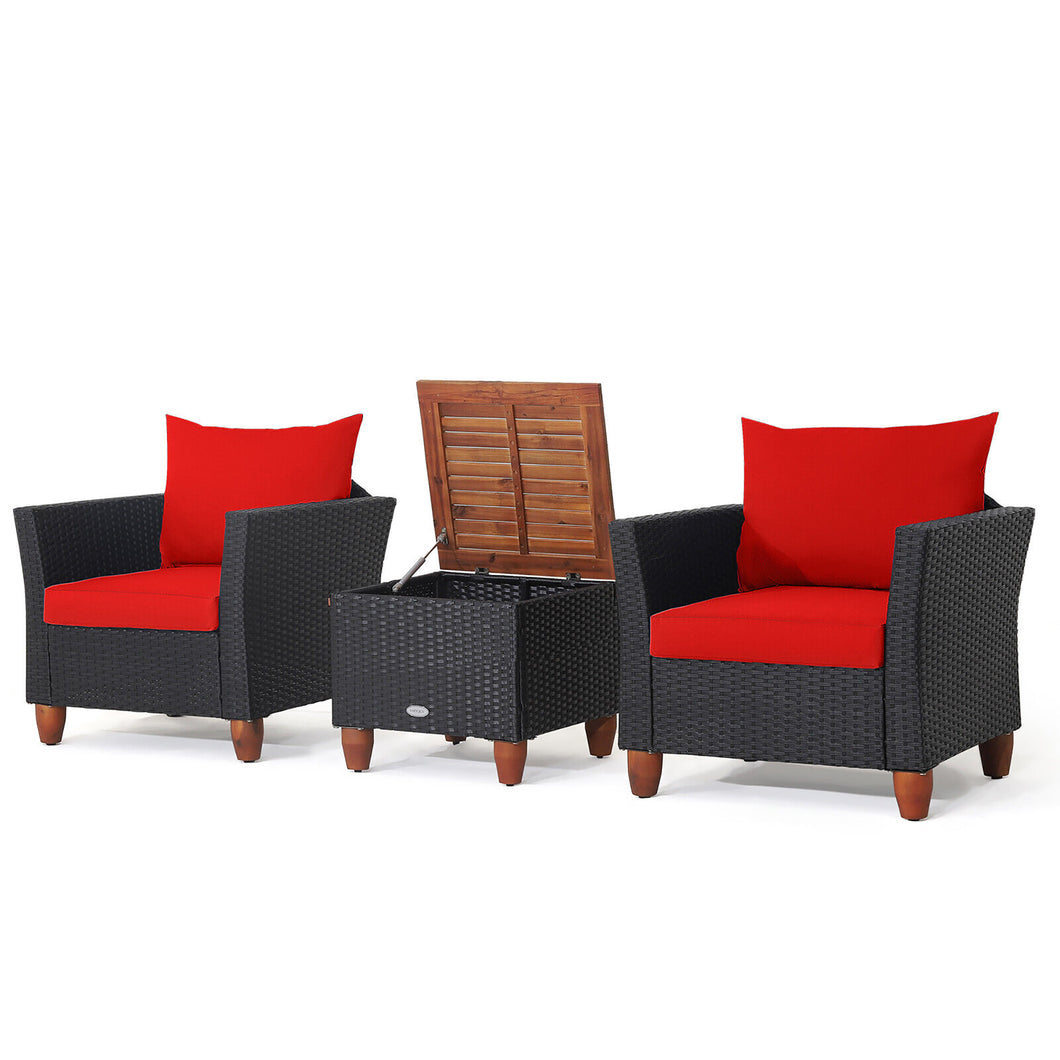 Gymax 3PCS Patio Rattan Conversation Set Outdoor Furniture Set w/ Red Cushions
