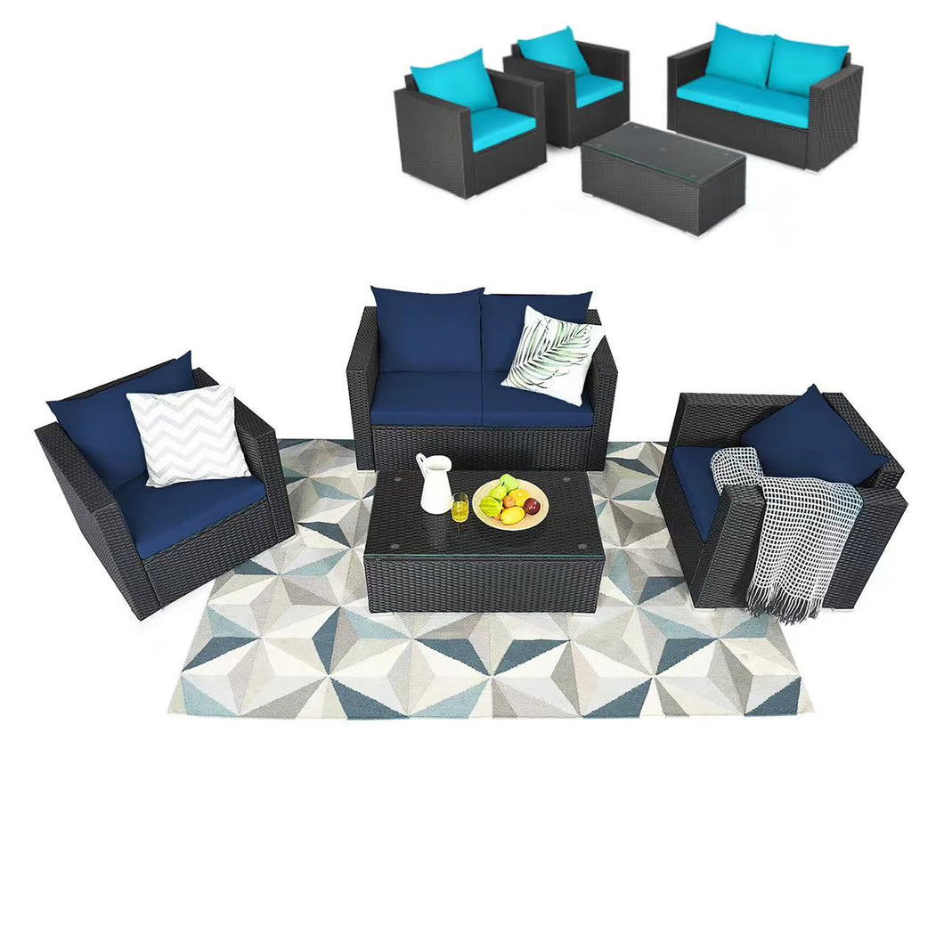 Gymax 4PCS Rattan Patio Conversation Set Outdoor Furniture Set w/ Navy & Turquoise Cushions