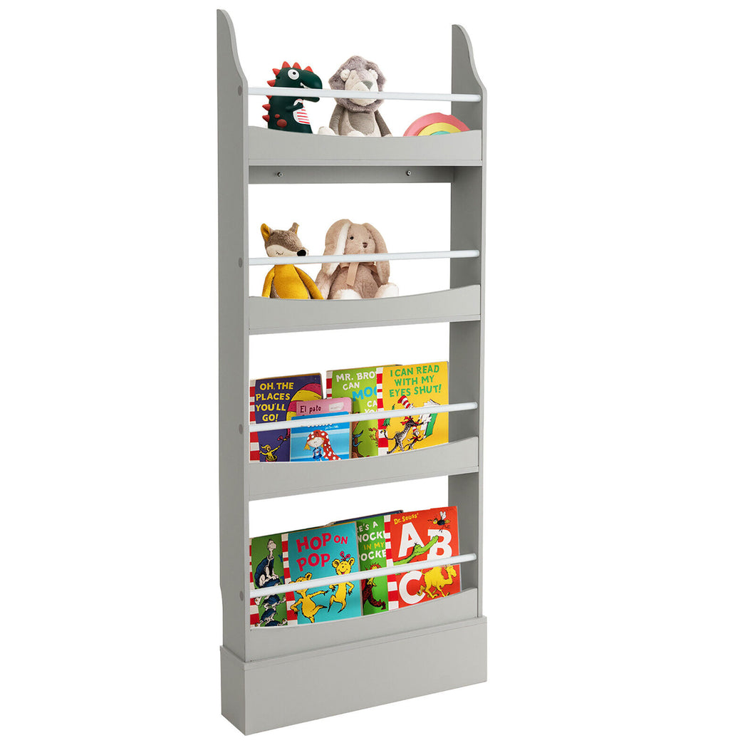 Gymax 4-Tier Kids Bookshelf Toy Storage Bookcase Rack Wall w/ Anti-toppling Kits Grey