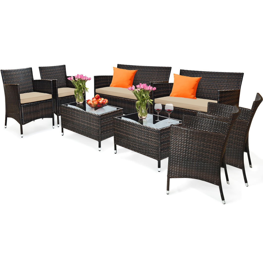 Gymax 8 PCS Patio Garden Rattan Furniture Set Coffee Table Cushioned Sofa Brown