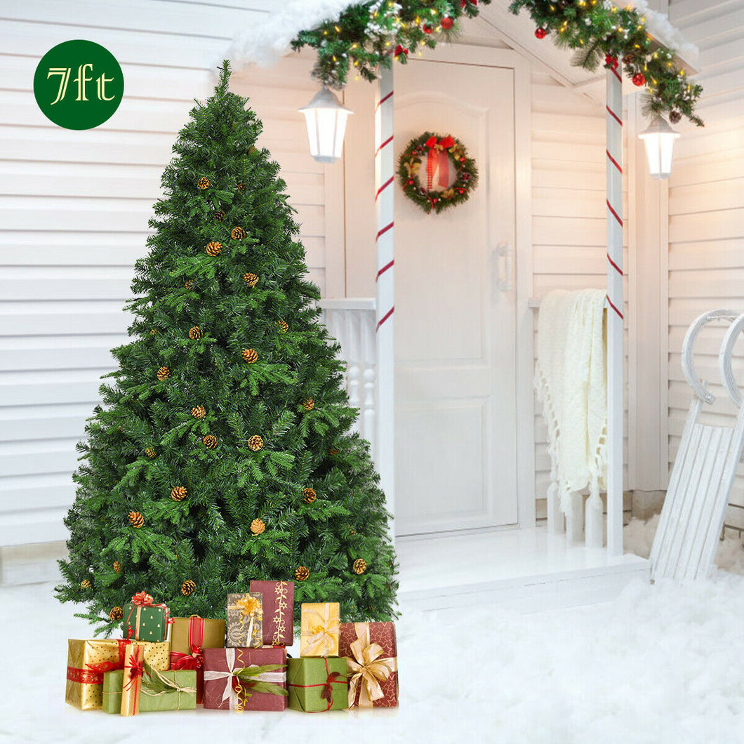 Gymax Pre-Lit 7' Artificial Christmas Tree Premium Spruce Hinged 460 LED Lights Pine Cones