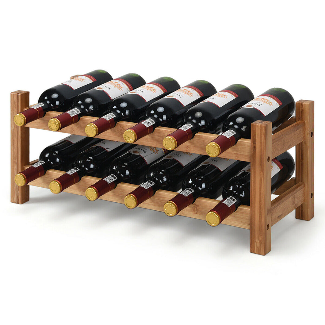 Gymax 2-Tier Bamboo Wine Rack 12 Bottles Display Storage Shelf Holder Kitchen Home