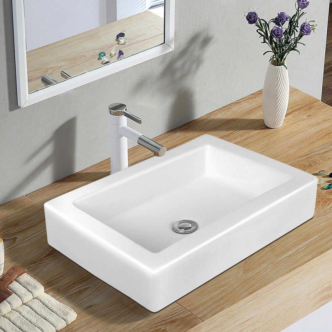 Gymax Rectangular Ceramic Bathroom Vessel Sink Above Counter Art Basin w/ Pop-up Drain